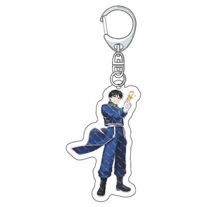 Blue acrylic edward elric acrylic keychain featuring anime character with detailed uniform and flame design on hand