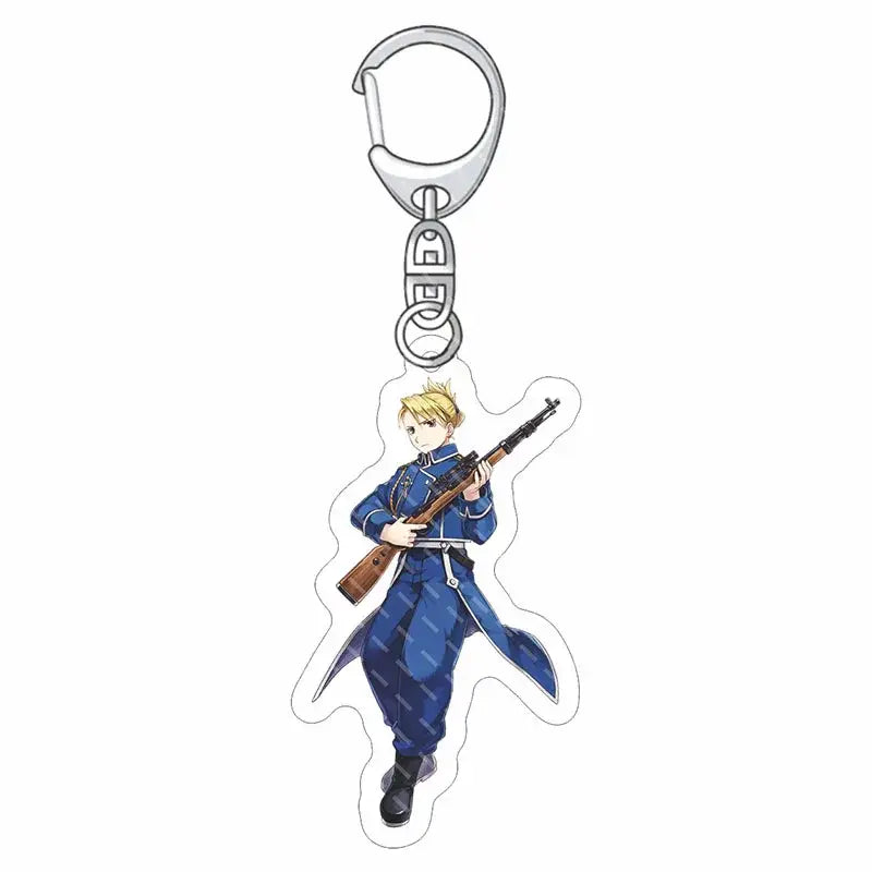 Blue and white edward elric acrylic keychain featuring anime character in military uniform holding rifle from fullmetal alchemist