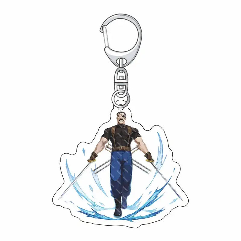 Silver metal carabiner keychain with edward elric acrylic charm featuring black and blue attire and dynamic water splashes