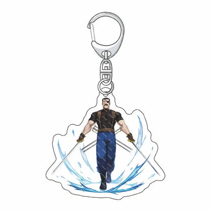 Silver metal carabiner keychain with edward elric acrylic charm featuring black and blue attire and dynamic water splashes