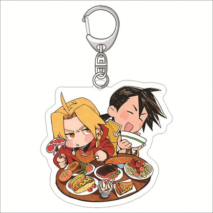 Clear acrylic edward elric acrylic keychain featuring two anime characters sharing a meal in vibrant colors