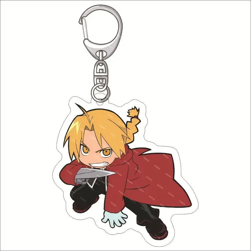 Red acrylic edward elric acrylic keychain featuring chibi character with blonde hair and orange eyes in red coat