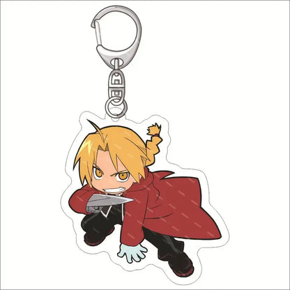 Red acrylic edward elric acrylic keychain featuring chibi character with blonde hair and orange eyes in red coat