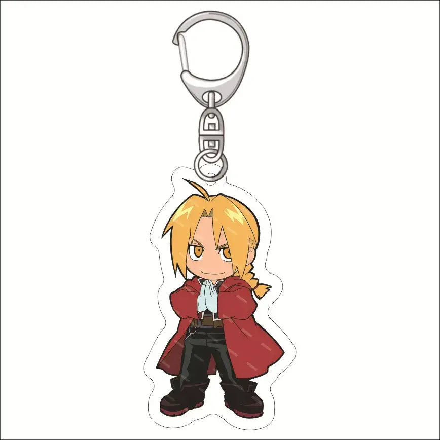 A chibi-style edward elric acrylic keychain featuring spiky blonde hair and red coat on a fun charm