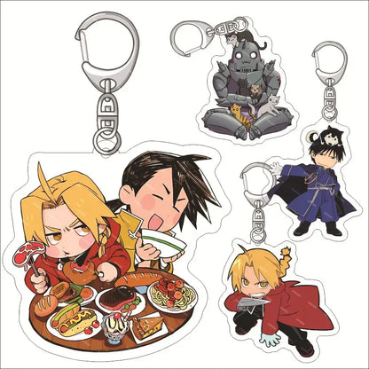 Set of four fullmetal alchemist edward elric acrylic keychains featuring chibi characters in colorful designs