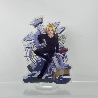 Clear acrylic edward elric acrylic stand 15cm featuring blonde anime character on mechanical wings with crown sword