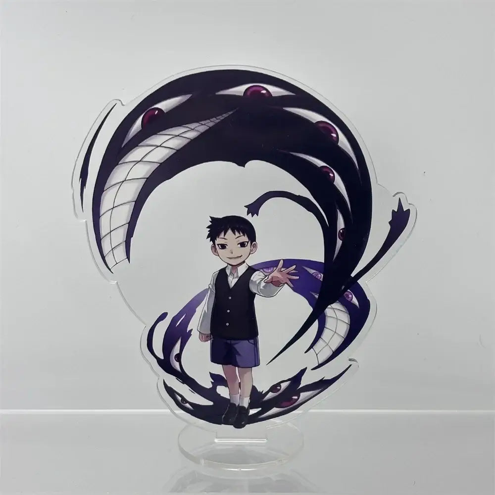 Clear acrylic fullmetal alchemist edward elric acrylic stand featuring cartoon boy with purple black tendrils and red orbs