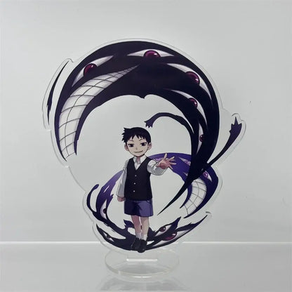 Clear acrylic fullmetal alchemist edward elric acrylic stand featuring cartoon boy with purple black tendrils and red orbs
