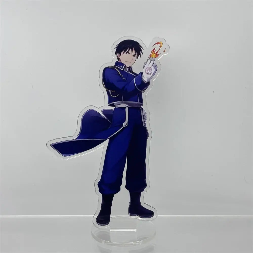 Blue fullmetal alchemist edward elric acrylic stand with detailed uniform and glowing orange flame design 15cm