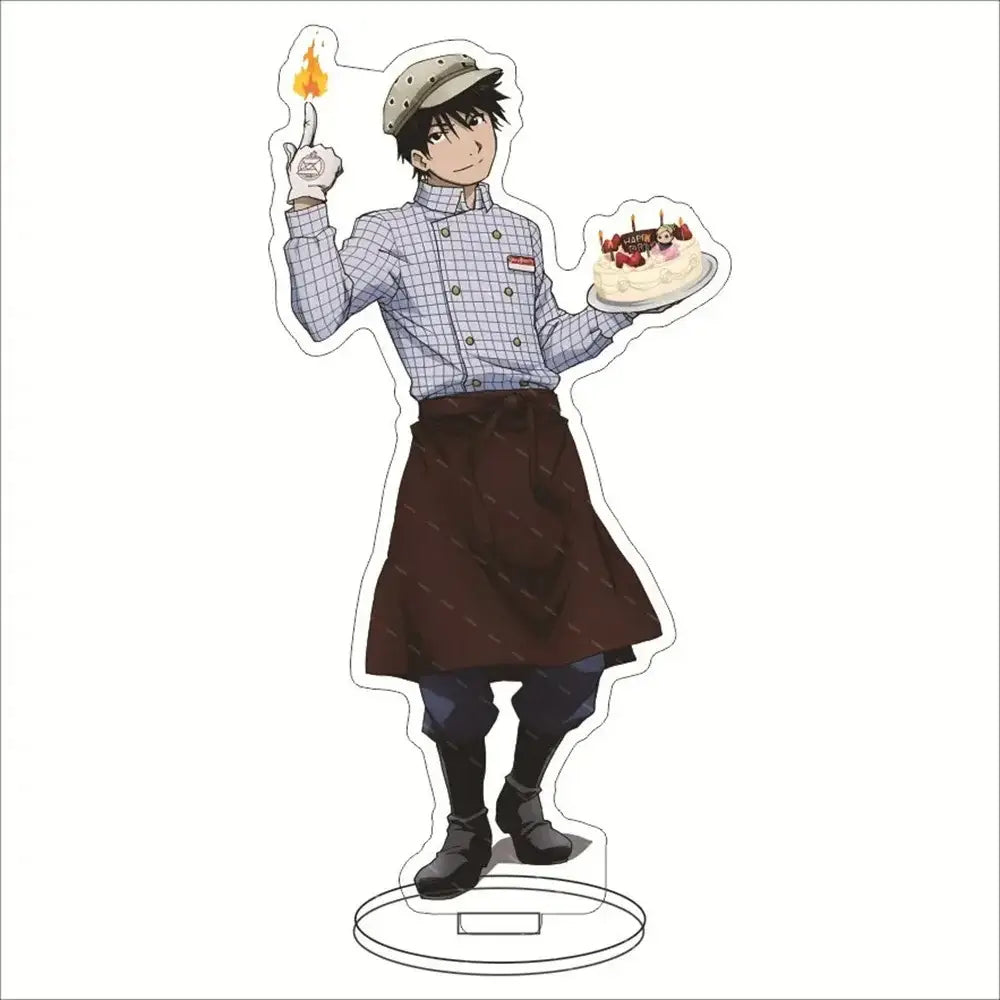 Edward Elric acrylic stand featuring a chef character in blue checkered shirt holding a lit candle and birthday cake