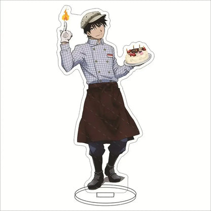 Edward Elric acrylic stand featuring a chef character in blue checkered shirt holding a lit candle and birthday cake