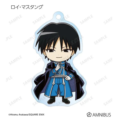 Blue and black roy mustang chibi keychain paired with fullmetal alchemist edward elric acrylic stand product