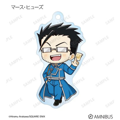 Blue and white fullmetal alchemist edward elric acrylic stand keychain featuring chibi figure with black hair and glasses