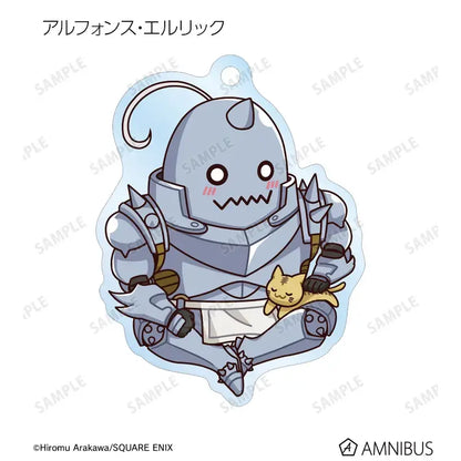 A silver-gray metallic robot with sharp teeth holding a yellow cat in a fullmetal alchemist edward elric acrylic stand