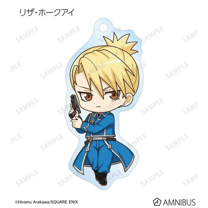 Chibi liza horkai acrylic keychain with blonde hair and blue uniform featured in edward elric acrylic stand product