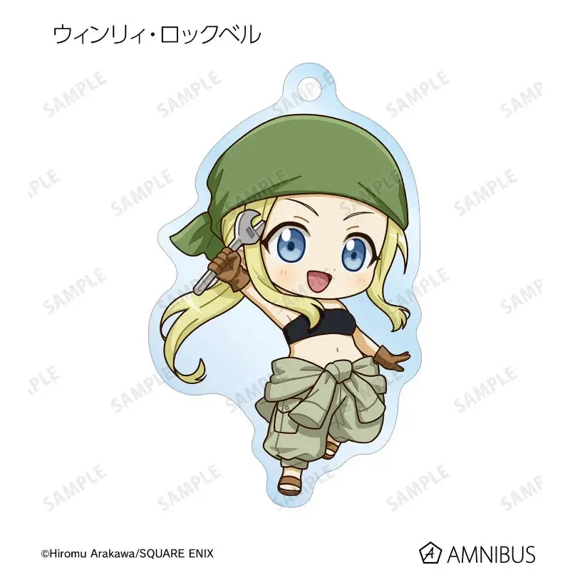 Fullmetal alchemist edward elric acrylic stand featuring green headscarf, olive cargo pants, black top, brown gloves, and silver wrench