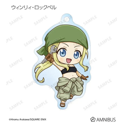Fullmetal alchemist edward elric acrylic stand featuring green headscarf, olive cargo pants, black top, brown gloves, and silver wrench