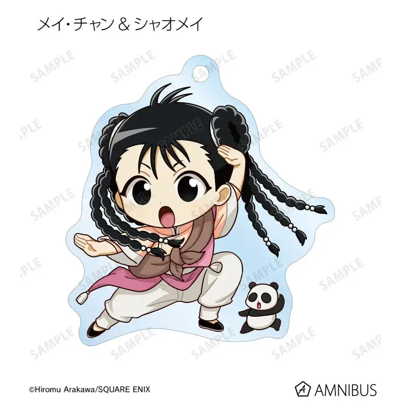 Chibi style acrylic keychain of mei chan with black braided hair pink sash white pants and panda, unlike edward elric acrylic stand