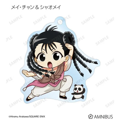 Chibi style acrylic keychain of mei chan with black braided hair pink sash white pants and panda, unlike edward elric acrylic stand