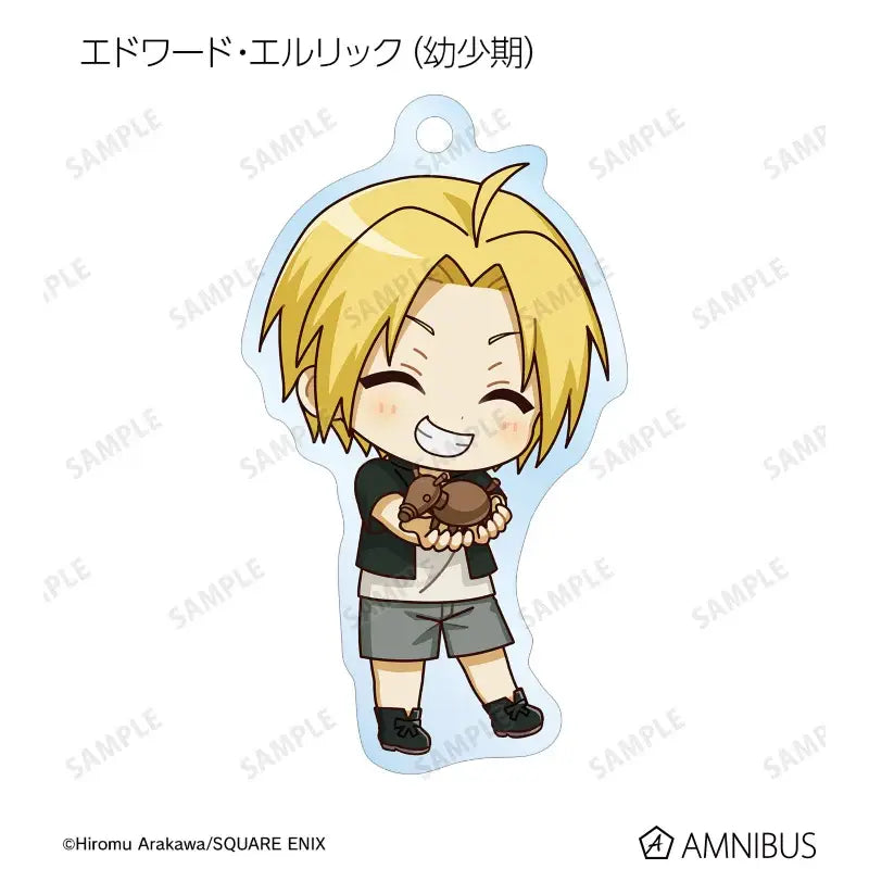 Fullmetal alchemist edward elric acrylic stand featuring chibi edward elric with blonde hair holding a brown rabbit