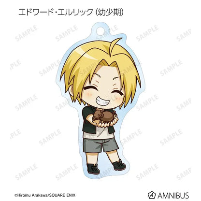 Fullmetal alchemist edward elric acrylic stand featuring chibi edward elric with blonde hair holding a brown rabbit