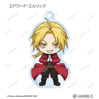 Chibi-style edward elric acrylic stand featuring blonde braid and red coat keychain from Fullmetal Alchemist