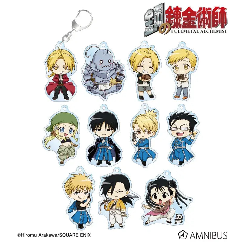 Set of ten chibi-style fullmetal alchemist acrylic keychains featuring edward elric acrylic stand designs in vibrant colors