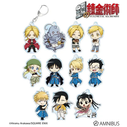 Set of ten chibi-style fullmetal alchemist acrylic keychains featuring edward elric acrylic stand designs in vibrant colors
