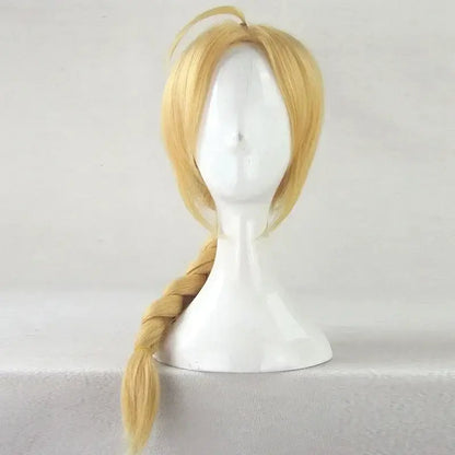 Blonde edward elric cosplay wig with side-swept fringe and 55cm synthetic braid ponytail made of synthetic fibers