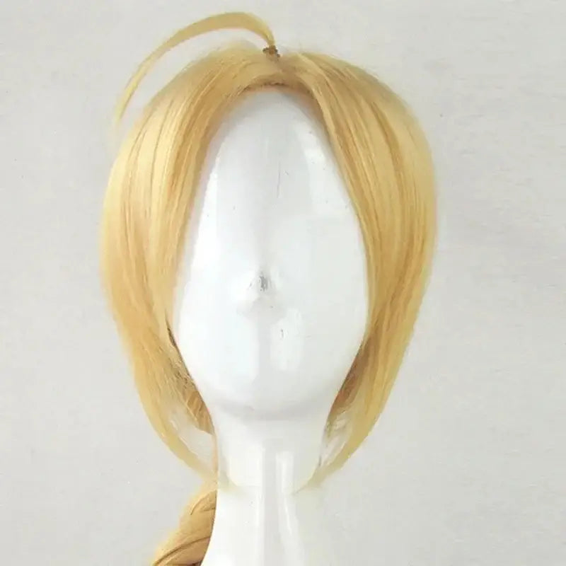 Blonde edward elric cosplay wig with side-swept layers and 55cm synthetic braid at nape for fullmetal alchemist fans