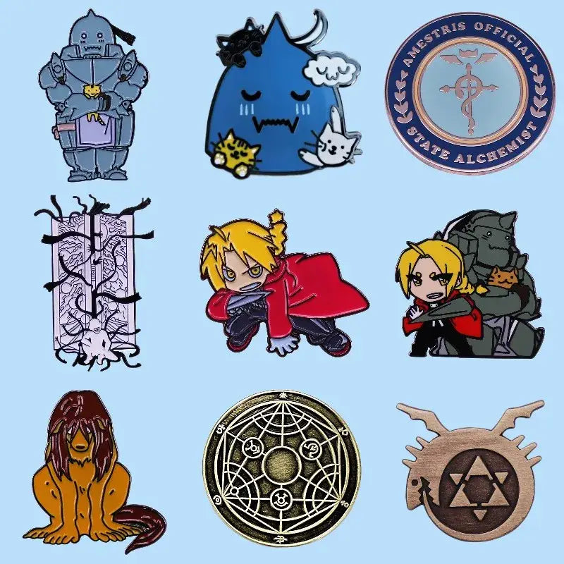 Blue cartoonish raindrop-shaped edward elric enamel lapel pin with closed eyes whiskers and two small cats nestled beside it