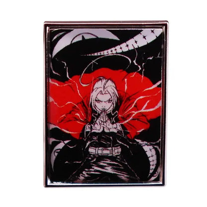 Rectangular edward elric enamel pin featuring silver hair anime character with red cape on black background metallic frame