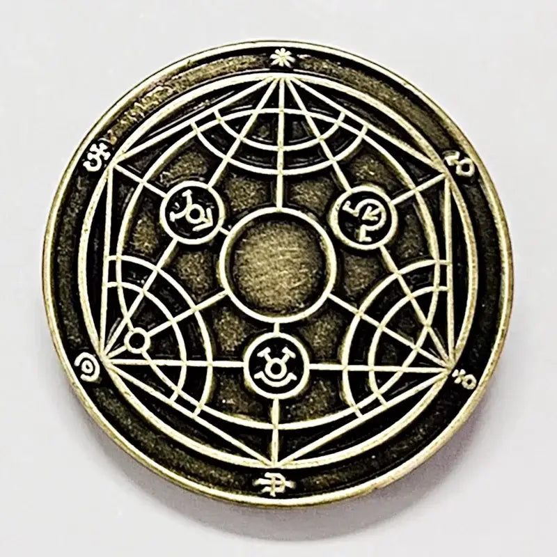Antique brass-colored circular edward elric enamel lapel pin with intricate geometric and symbolic alchemist designs