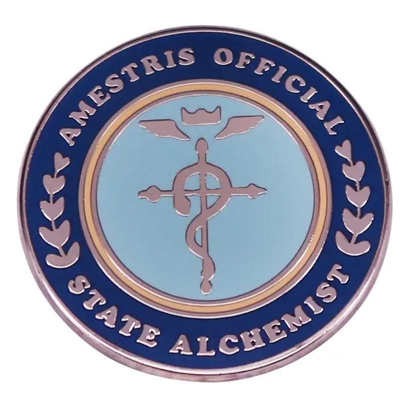 Circular enamel pin with caduceus symbol featuring light blue center and dark blue ring for alchemist edward elric fans