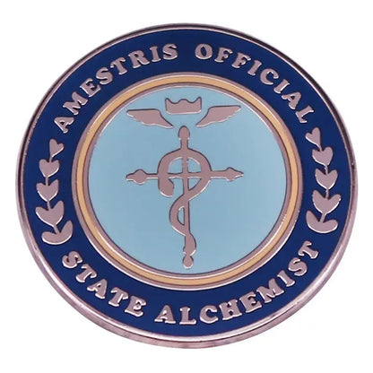 Circular enamel pin with caduceus symbol featuring light blue center and dark blue ring for alchemist edward elric fans