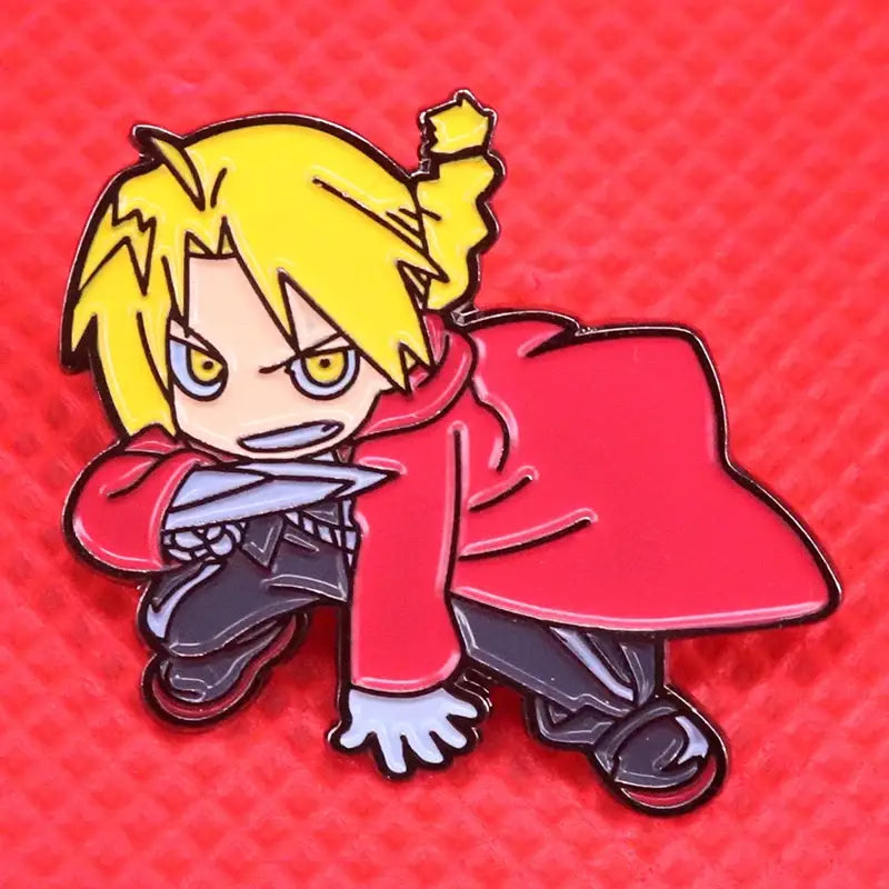 Vibrant enamel pin of fullmetal alchemist edward elric in chibi style with spiky yellow hair and red coat holding sword