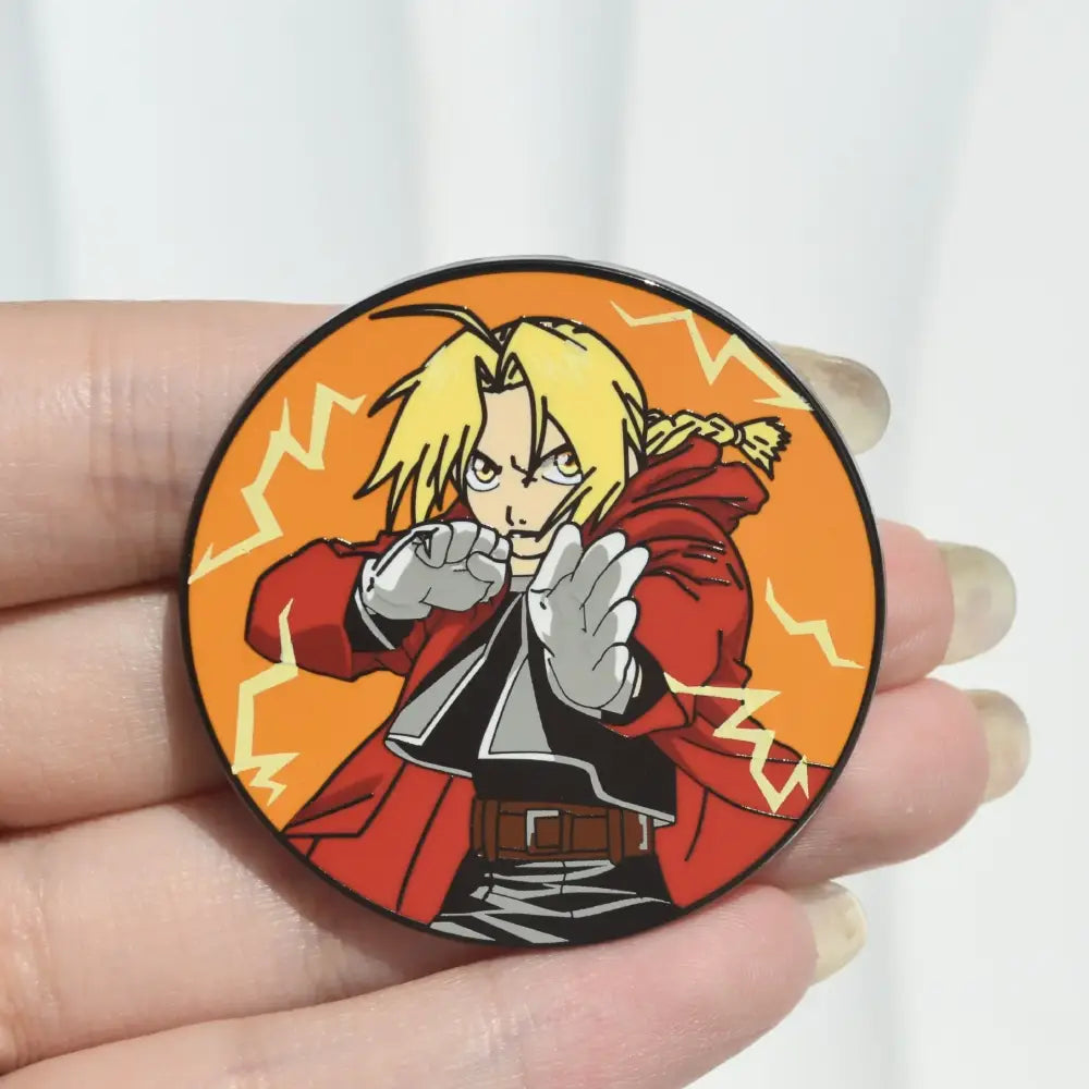 Fullmetal alchemist edward circular enamel pin metal badge featuring alchemist edward elric with red coat and lightning bolts