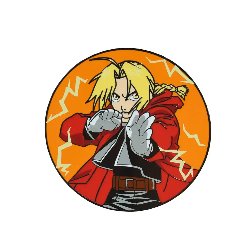 Circular enamel metal badge featuring fullmetal alchemist edward elric in red coat with lightning bolts background