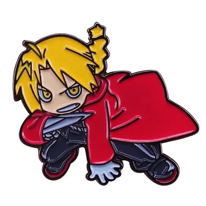 A vibrant fullmetal alchemist edward enamel pin featuring chibi edward elric with spiky blonde hair and red coat