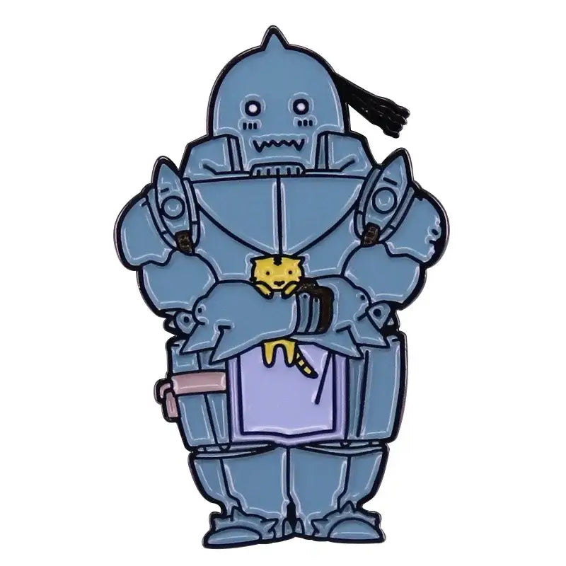 Blue metallic enamel pin featuring fullmetal alchemist edward elric holding a yellow cat metal brooch
