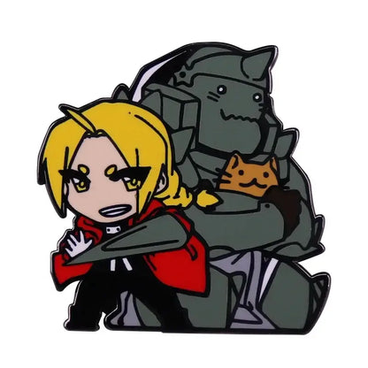 Chibi-style fullmetal alchemist edward elric enamel pin featuring blonde character in red coat with sword and orange cat