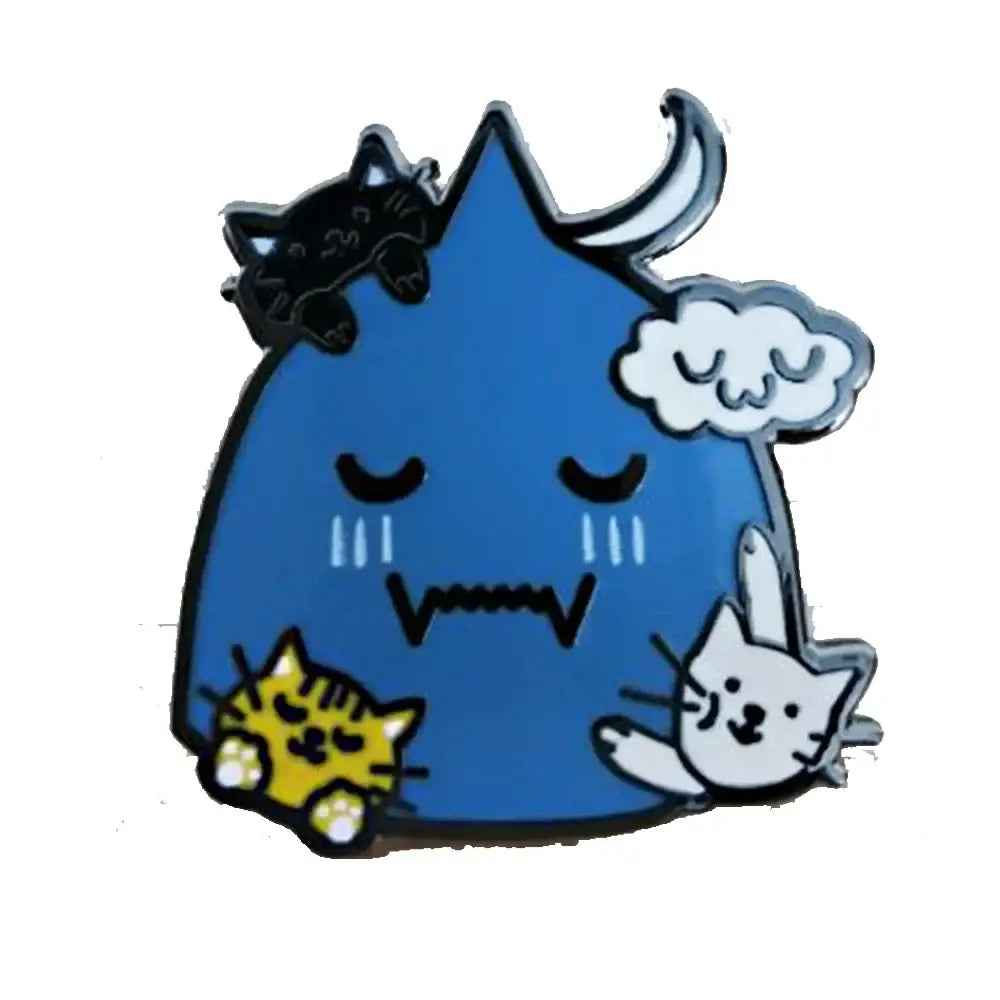 Blue enamel pin featuring a sleepy drooling monster with three cats inspired by fullmetal alchemist edward elric