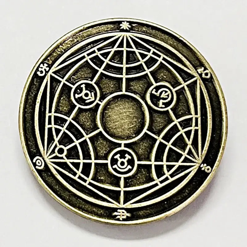Antique brass circular enamel pin featuring intricate geometric designs for fullmetal alchemist edward elric fans
