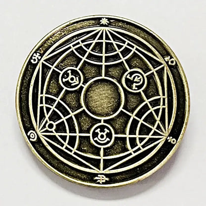 Antique brass circular enamel pin featuring intricate geometric designs for fullmetal alchemist edward elric fans