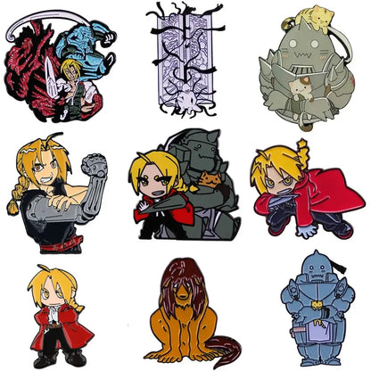 Collection of nine fullmetal alchemist enamel pins featuring edward elric with automail arm and iconic characters