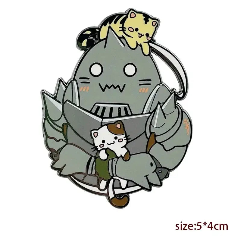 Gray metallic enamel pin featuring armored cat with two kittens inspired by fullmetal alchemist edward elric