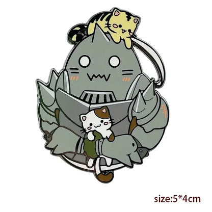 Gray metallic enamel pin featuring armored cat with two kittens inspired by fullmetal alchemist edward elric