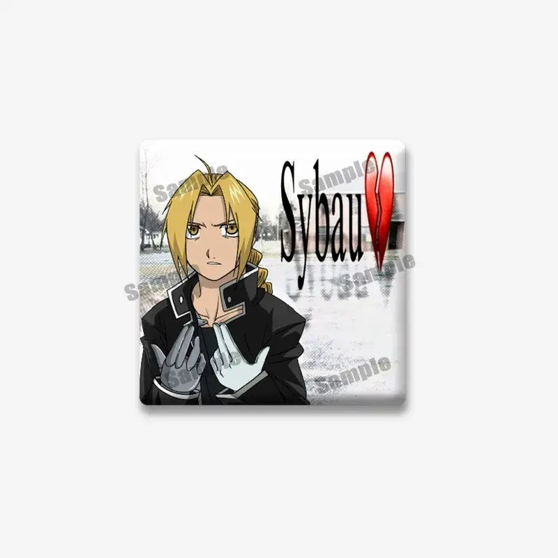 Square-shaped lapel brooch featuring edward elric from fullmetal alchemist with blonde hair and sybau lettering