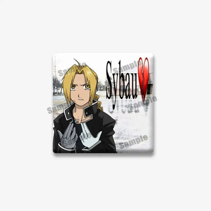 Square-shaped lapel brooch featuring edward elric from fullmetal alchemist with blonde hair and sybau lettering