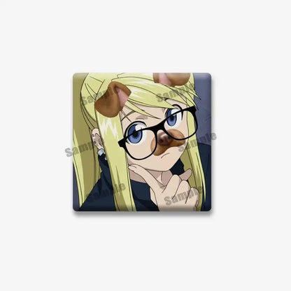 Square-shaped fullmetal alchemist edward elric lapel brooch featuring anime character with blonde hair and dog ears